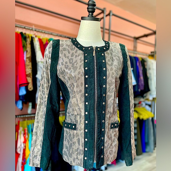 Sharif Jackets & Blazers - Sharif 1827 Couture Suede Black and Metallic Leopard Print Zip Up Jacket
